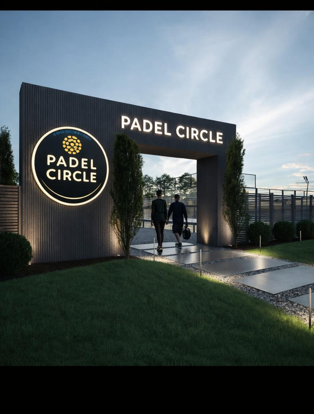 Padel Circle Eingangsportal in der Dämmerung